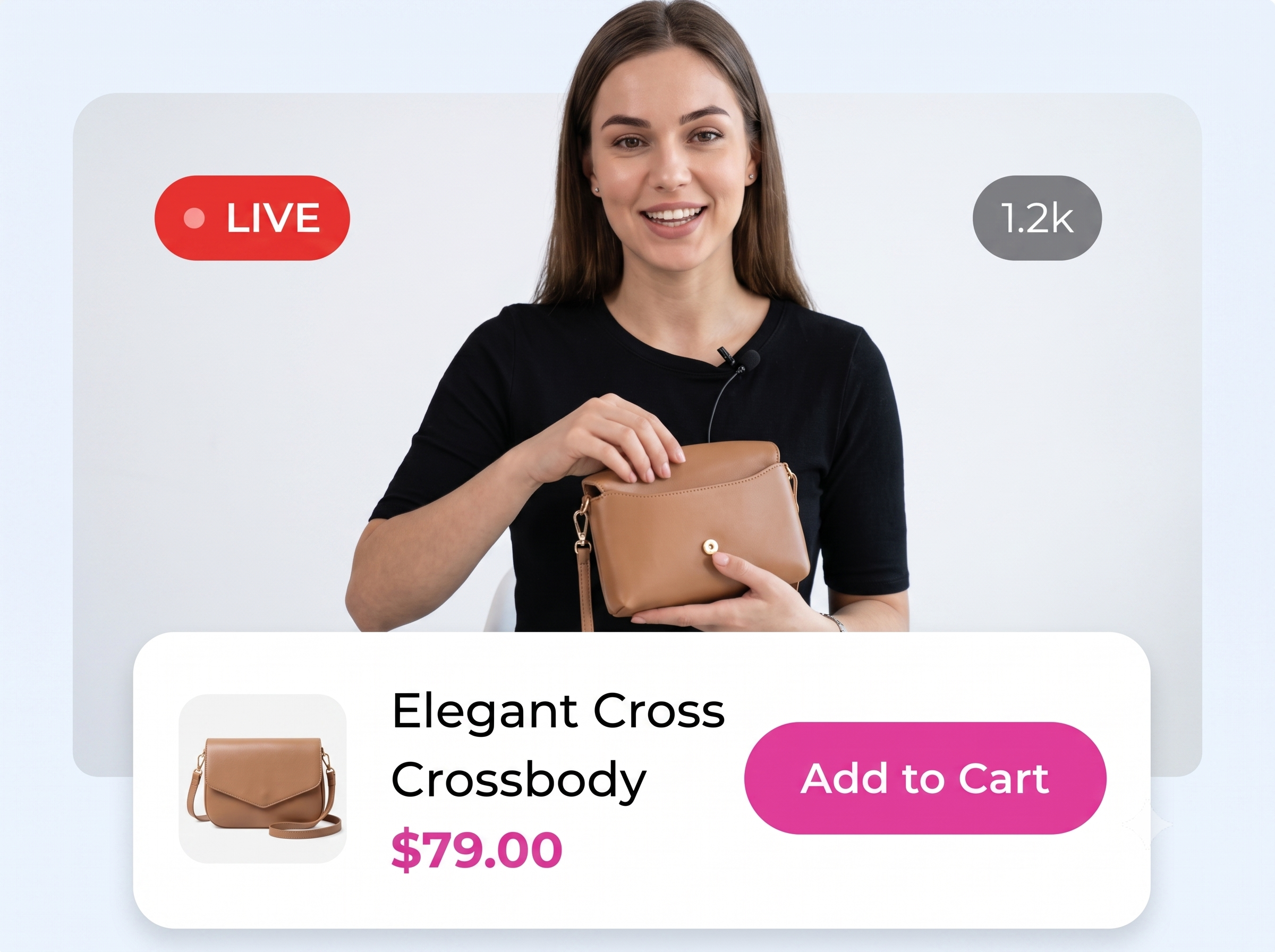Live Shopping demo showing a host presenting a product with real-time checkout